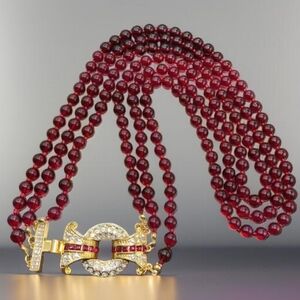 Magnificent Gold Ruby Glass Beaded Zircon Crystal Necklace